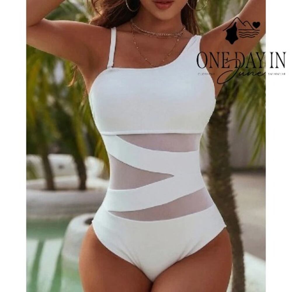 Blooming Jelly White Asymmetric Mesh One-Piece Swimsuit